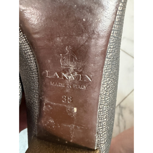 LANVIN Metallic Black Gold Block Heel Pumps Size 38 US 7 Women Leather Heels 2” - Picture 10 of 11